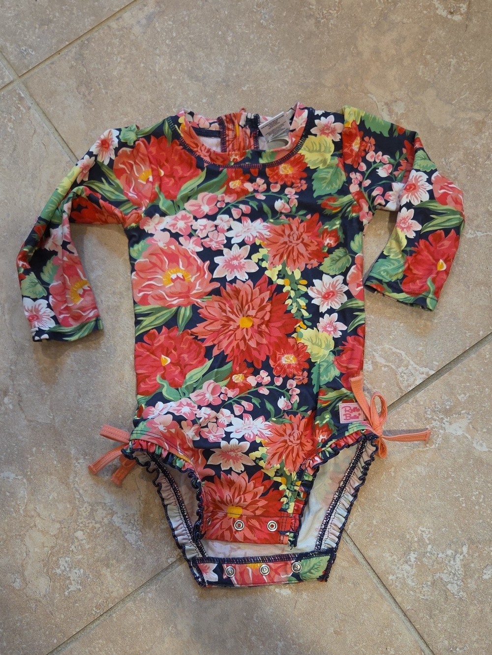 12-18M Ruffle Butts Navy Floral Long Sleeve Swimsuit with Coral and Pink